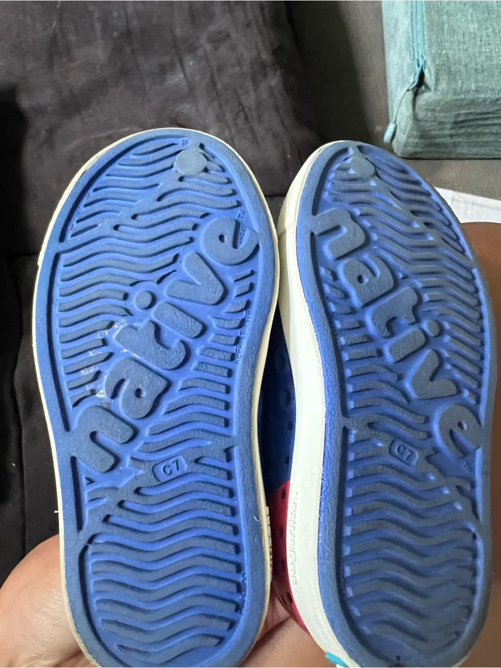 Native Kids Water Shoes in Blue with White Toe and Red Heel Accents